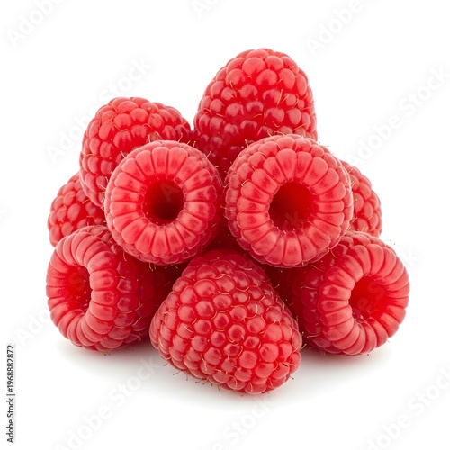 Fresh ripe raspberries in a cluster on white background