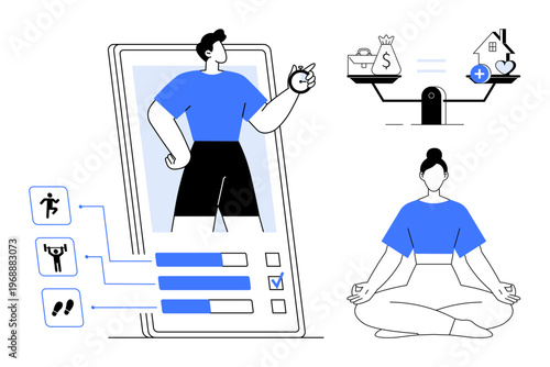 Fitness app concept. Fitness illustrated through activity tracking, progress monitoring, and health balance. Fitness linked to overall wellness and healthy lifestyle goals. For health tech, wellness