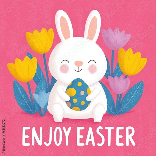 Cute Easter Bunny Holding Colorful Egg Cartoon Illustration