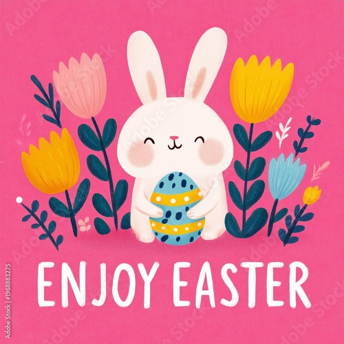 Cute Easter Bunny Holding Colorful Egg Cartoon Illustration
