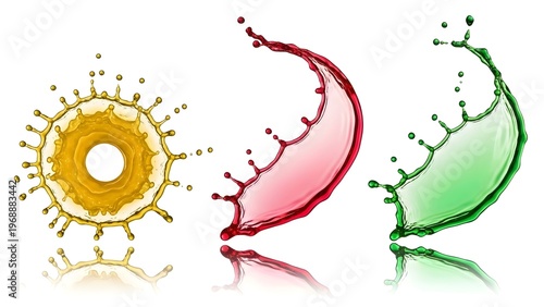 Colorful liquid splash shapes in yellow, red and green hues on white background