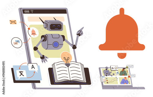 Artificial intelligence, machine learning, online education, translation services, remote collaboration, automation. Robot interacting with books, translator tool and notification icons. AI