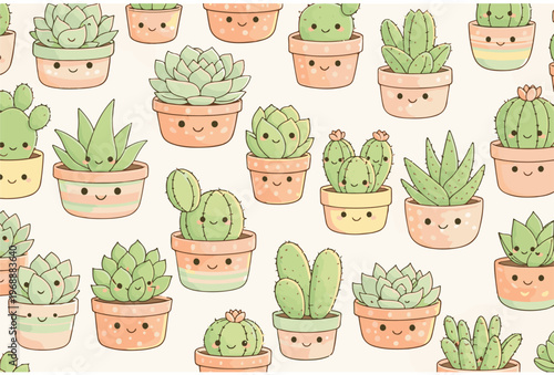 Kawaii succulent seamless pattern with cute cactus characters, adorable potted plants in pastel colors, whimsical botanical vector background for nursery decor and stationery