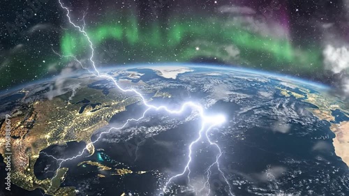 Earth from space with aurora borealis and lightning at night
