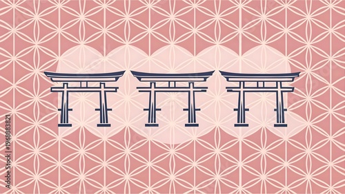 Japanese torii gates pattern with traditional hemp leaf asanoha geometric background in pink and white