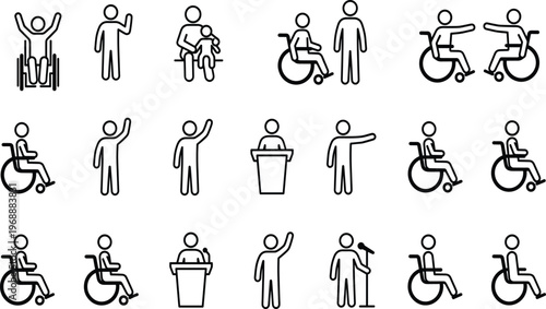 disability,icons,set,wheelchair,accessible,people,pictogram,vector,inclusive,accessibility,disabled,sign,assistive,mobility,illustration,flat,outline,public,service,design