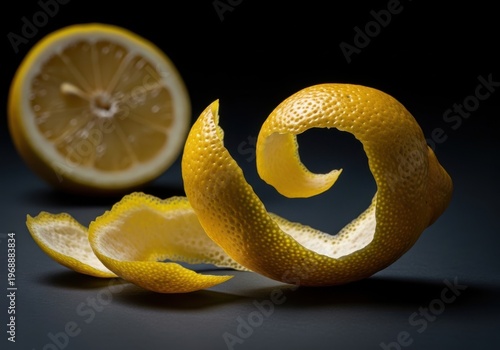 Fresh lemon peel spiral twist with a halved lemon
