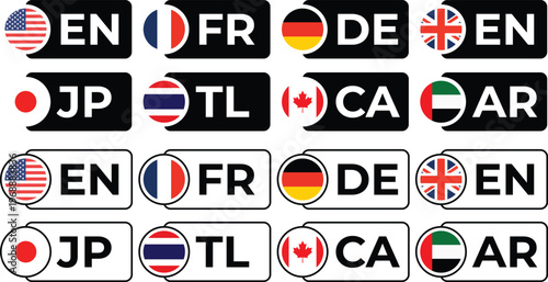 Vector set of language selection buttons with country flags and codes for website design