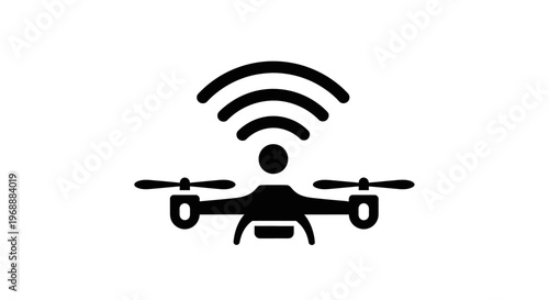 Drone with wireless signal icon. Symbol for remote control UAV, aerial surveillance, wireless technology, and smart delivery systems. Black minimalist silhouette isolated on white background.
