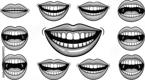 Collection of diverse cartoon mouths and lips showing various expressions of smiles and laughter