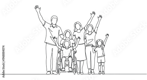 Diverse family group, including a child in a wheelchair, waving with raised hands against a plain background, symbolizing inclusivity and unity.