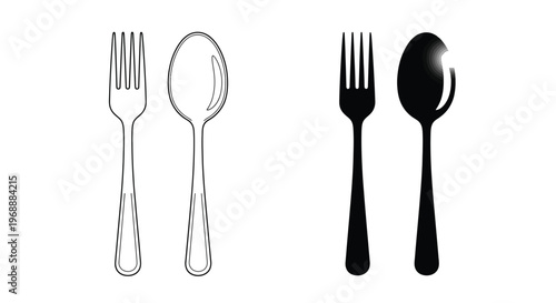 A fork and spoon set presented in both outline and solid black forms, signifying dining utensils for eating, food preparation, restaurants, and culinary activities.