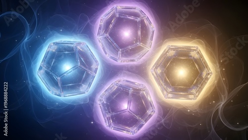 Floating Transparent Geometric Shapes with Glowing Gradients in Dreamlike Mist