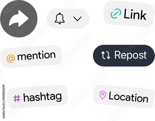 A collection of social media user interface elements including share, notification, link, mention, repost, hashtag, and location icons.