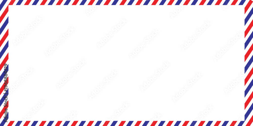 Fototapeta premium Airmail Envelope frame images with strips. International vintage letter border. Retro air mail postcard with blue and red stripes. Empty classic postal frame.