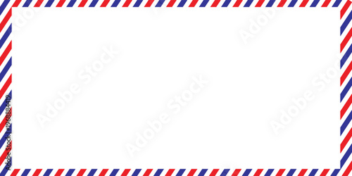 Airmail Envelope frame images with strips. International vintage letter border. Retro air mail postcard with blue and red stripes. Empty classic postal frame.