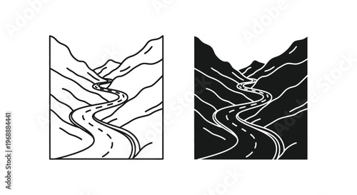 Road. A winding road carves through a mountainous landscape, depicted in both line art and solid silhouette, suggesting travel, a journey, and natural scenery.