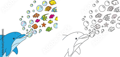 Cute Cartoon Dolphin Blowing Bubbles with Colorful Fish and Starfish Ocean Life Illustration
