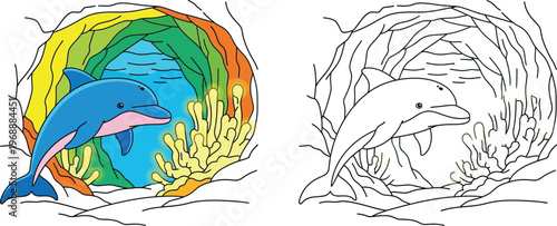Cute Cartoon Dolphin in a Vibrant Underwater Cave with Coral Ocean Life Illustration