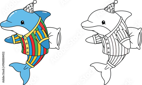 Cute Cartoon Dolphin in Pajamas with Pillow and Party Hat Sleepover Themed Illustration