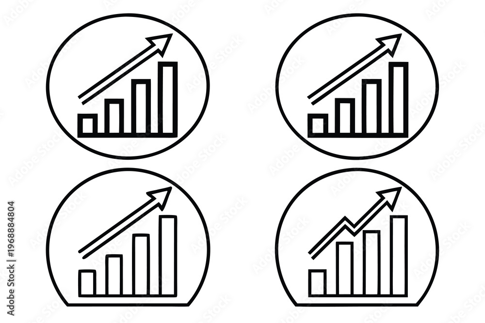Obraz premium Four circular icons depicting increasing bar graphs and upward trending arrows