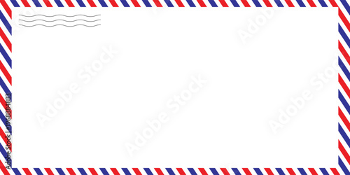 Airmail Envelope frame images with strips. International vintage letter border. Retro air mail postcard with blue and red stripes. Empty classic postal frame.