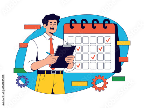 A cartoon man holding a clipboard and pen stands next to a calendar with checkmarks on a colorful background