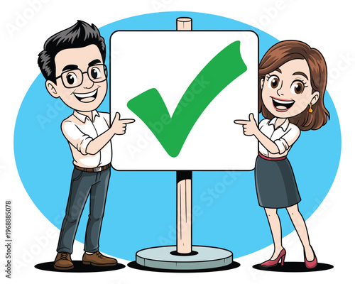 A cartoon man and woman pointing to a large green checkmark on a whiteboard
