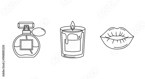 Perfume bottle and cosmetic items.