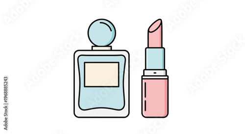 Perfume bottle and lipstick cosmetics.