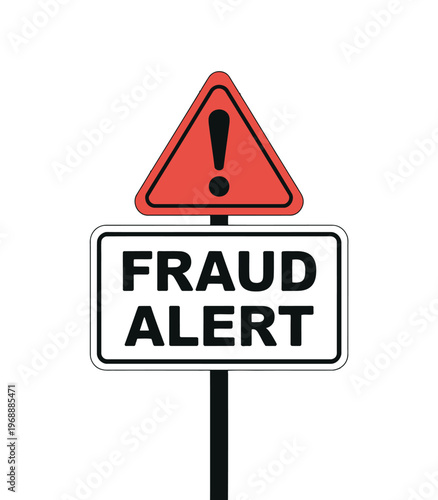 A graphic illustration of a fraud alert sign with a red triangle and exclamation mark