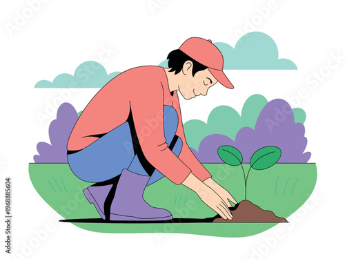 A man in a red shirt and blue overalls planting a small green plant in the ground outdoors