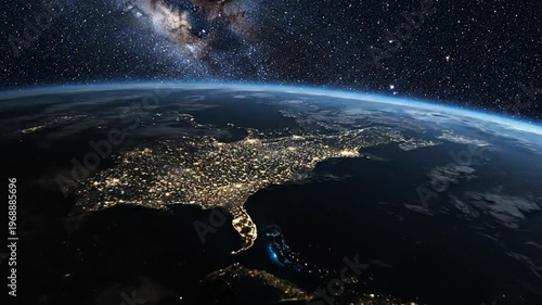 Earth from space with clouds, city lights, and starry sky