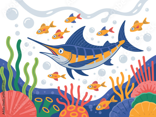 A colorful cartoon marlin fish swims through a vibrant coral reef with schools of small fish and sea anemones.