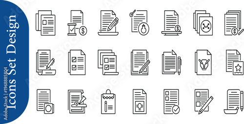 Streamlined vector outline icon pack for comprehensive document management, file operations, and administrative task processing across digital platforms and applications