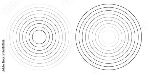 Black concentric circle set. Sonar or sound wave ring collection. Dotted and linear epicentre, target, radar icon concept. Ripple radial signal or vibration elements. Vector line and halftone symbols