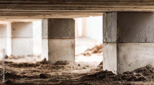 Concrete foundation pillars supporting wooden house structure