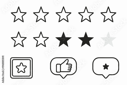 Rating stars thumbs up and speech bubbles in a black and white design