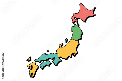 A colorful cartoon map of Japan with different regions highlighted in various colors on a white background.