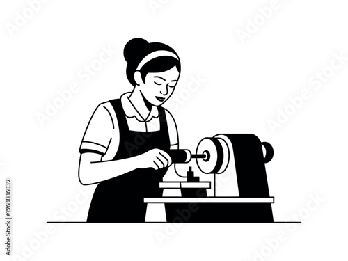 A woman in an apron is working on a lathe in a workshop setting.