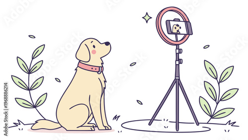 Cute dog sitting in front of camera with ring light creating content for social media as pet influencer in cozy home setting