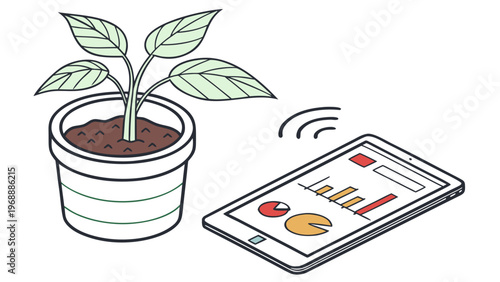 Potted plant connected to smartphone app showing growth analytics and care statistics illustrating smart plant monitoring and digital gardening