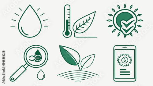 Set of plant care icons including water drop thermometer leaf sun and checklist representing monitoring growth environment and healthy plant maintenance