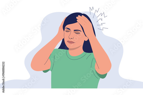 A stressed woman with her hands on her head experiencing a headache or migraine pain