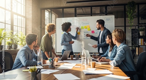 Team members collaborate at whiteboard during business meeting in office