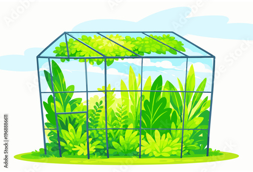 Modern glass greenhouse vector illustration, botanical garden conservatory with lush green plants, organic farming and sustainable gardening concept, glasshouse nursery for plant cultivation