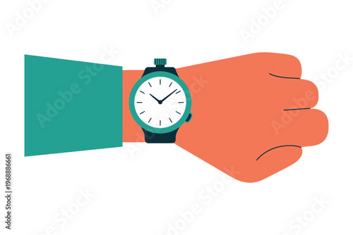A hand wearing a watch on a white background with a green sleeve