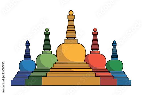 A colorful illustration of a Buddhist temple with multiple stupas and steps leading up to the main structure.