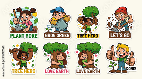 Planting trees hero cartoon sticker set flat vector featuring diverse children as tree hero plant more grow green love earth slogans and reforestation awareness with cute kids characters