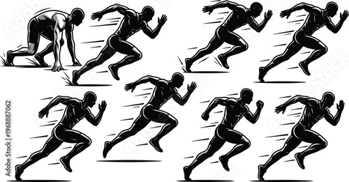 Dynamic Male Athlete Silhouettes Sprinting and Starting Race in Sequential Motion for Sports Fitness and Competitive Performance Concepts